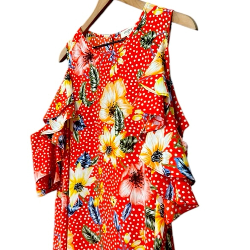 Umgee Floral Polka Dot Off The Shoulder Mini Dress Red Size Medium - Picture 2 of 8